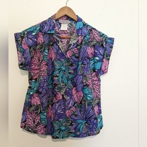 Vintage 80s Tropical Print Blouse Top S Summer Cotton